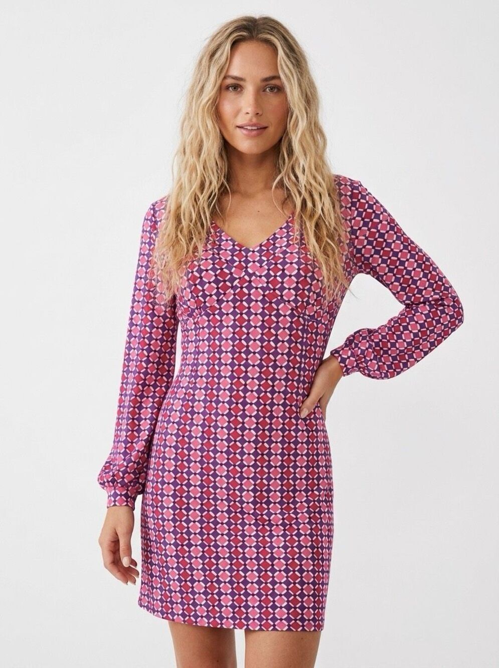 Boden Pink Purple Geometric Mini Dress 10 Retro 70s Mod Preppy V-Neck Workwear